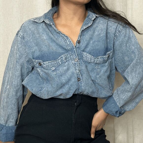 vtg 80s Courtney Rhodes cotton blouse acid wash look button up retro medium - Picture 3 of 9